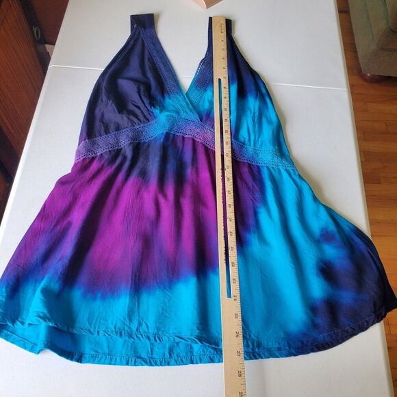 Vintage Sleeveless Empire Waist Tie Dye Blouse V Neck Crochet Lace Boho Hippie - Picture 10 of 14